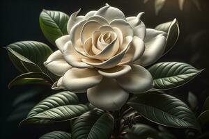 blanc Rose avec vert feuilles sur une solide Couleur arrière-plan, Haut voir. ai génératif photo