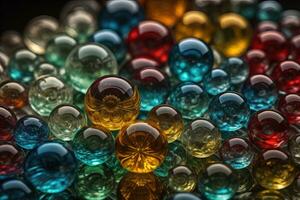 coloré verre marbres sur une le tableau. sélectif se concentrer. ai génératif photo