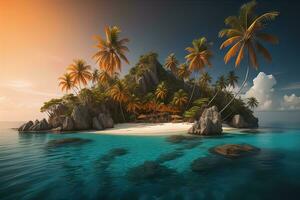 tropical plage avec paume des arbres et blanc sable. ai génératif photo