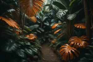 une sentier dans tropical forêt tropicale avec paume des arbres et chemin dans le brume. ai génératif photo