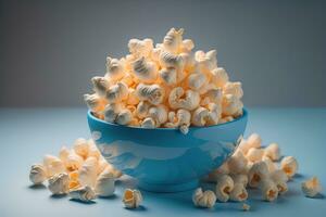 pop corn dans une papier boîte sur une solide Couleur Contexte. ai génératif photo