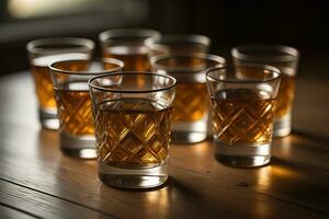 des lunettes de whisky sur une en bois table dans une pub ou restaurant. ai génératif photo