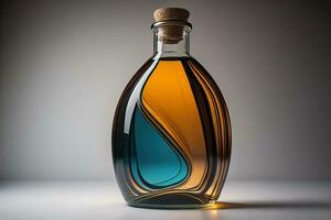 bouteille avec une liquide sur une solide Couleur Contexte. ai génératif photo