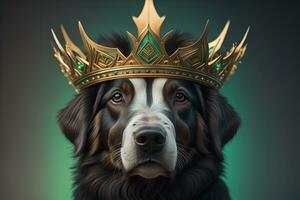 portrait de une mignonne chien dans une d'or couronne sur une solide Couleur Contexte. ai génératif photo