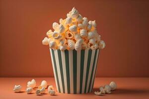 pop corn dans une papier boîte sur une solide Couleur Contexte. ai génératif photo