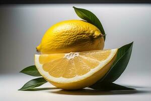 citrons avec feuilles sur une en bois tableau. ai génératif photo