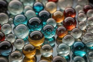 coloré verre marbres sur une le tableau. sélectif se concentrer. ai génératif photo