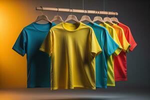 coloré t-shirts dans de face de foncé Contexte. ai génératif photo