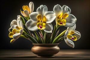 bouquet de crocus et tulipes sur solide Couleur Contexte. ai génératif photo