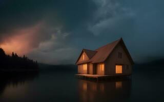 la nature paysage bois maison dans le milieu de Lac avec nuit ciel, ai génératif photo