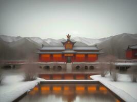 chinois style hiver neige paysage Montagne étang et traditionnel bâtiment temple, ai génératif photo