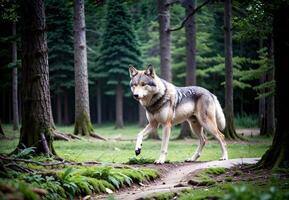 proche en haut réaliste photo de une Loup dans le forêt, floue Contexte