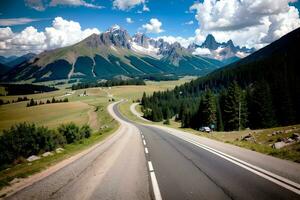 réaliste photo magnifique paysage de montagnes bleu ciel et venteux routes, ai génératif