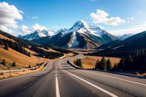 réaliste photo magnifique paysage de montagnes bleu ciel et venteux routes, ai génératif