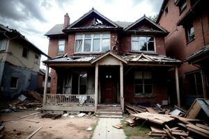 réaliste photo de détruit cassé bois maison