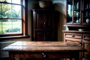 réaliste photo de rétro ancien bois table dans le cuisine
