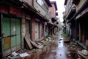 réaliste photo de abandonné ruelle avec débris ordures sur le rue, ai génératif