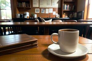 réaliste photo de une café tasse sur bois table dans une café magasin avec confortable atmosphère