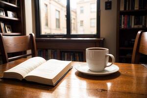 réaliste photo de une café tasse et livre sur bois table dans une café magasin avec confortable atmosphère