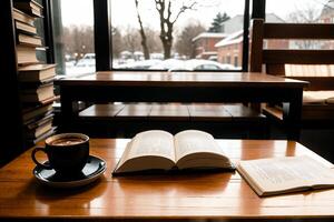 réaliste photo de une café tasse et livre sur bois table dans une café magasin avec confortable atmosphère, ai génératif