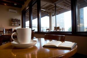 réaliste photo de une café tasse et livre sur bois table dans une café magasin avec confortable atmosphère