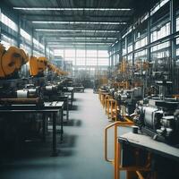 moderne usine intérieur avec mécanicien Machines, ai génératif photo