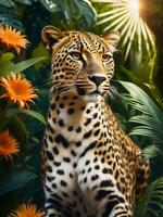la photographie portrait de léopard dans luxuriant jungle avec fleurs, génératif ai photo