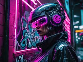 femme portant futur style halmet avec néon vaporwave cyberpunk rue arrière-plan, ai génératif photo