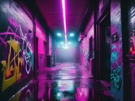 paysage illustration de néon vaporwave cyberpunk rue avec graffiti sur mur photo