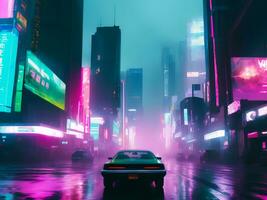 paysage illustration de néon vaporwave cyberpunk ville rue et voiture, ai génératif photo