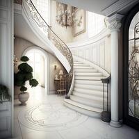 le intérieur conception de le moderne entrée salle avec une escalier dans le villa génératif ai photo