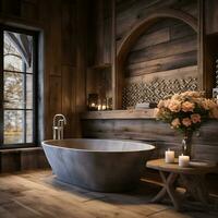 le rustique intérieur conception de le moderne salle de bains avec en bois des murs et baignoire génératif ai photo
