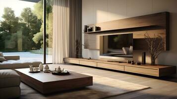 minimaliste style intérieur conception de le moderne vivant pièce avec la télé génératif ai photo