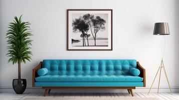 milieu siècle style intérieur conception de moderne vivant pièce avec bleu canapé contre blanc mur et art affiche Cadre génératif ai photo