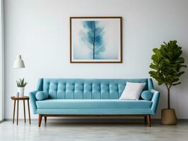 milieu siècle style intérieur conception de moderne vivant pièce avec bleu canapé contre blanc mur et art affiche Cadre génératif ai photo