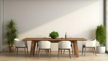minimaliste intérieur conception de moderne à manger pièce avec en bois table et chaises génératif ai photo