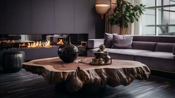 moderne vivant pièce avec en bois souche café table près gris les fauteuils et canapé génératif ai photo