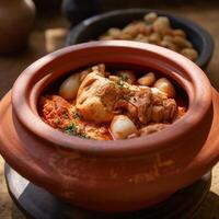 une bol de nourriture avec une rouge argile pot avec une pièce de poulet génératif ai photo