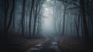 brouillard dans effrayant forêt à lune lumière sur asphalte. génératif ai photo