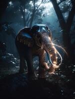 l'éléphant dans une foncé de mauvais augure forêt dans nuit, la magie lueur et briller, génératif ai photo