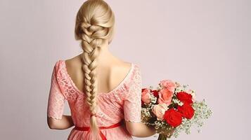 magnifique Jeune blond femme avec longue tout droit cheveux lié dans tresser portant rouge robe et en portant bouquet de beaucoup soumissionner pâle rose des roses. génératif ai photo