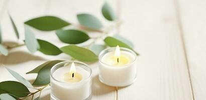 sérénité dans simplicité, une minimal spa traitement composition avec blanc arôme bougie, coton bol, et eucalyptus feuilles sur une blanc bois texturé tableau. génératif ai photo