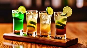 haute des lunettes avec cocktail b55 vert mexicain ensemble. couche boisson avec marron et blanc alcool sur en bois planche et bar table pour alcoolique faire la fête. génératif ai photo