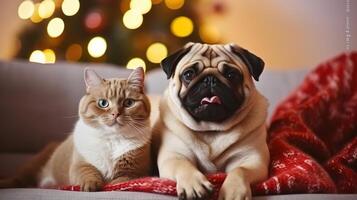 magnifique rouge Britanique cheveux courts chat et adorable carlin avec leur propriétaire plus de le Noël arbre et de fête décor. génératif ai photo