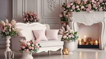 lumière canapé avec rose oreillers des stands dans le intérieur lumière studio pièce près le romantique cheminée décoré avec printemps fleurs, couronne, bougies. génératif ai photo