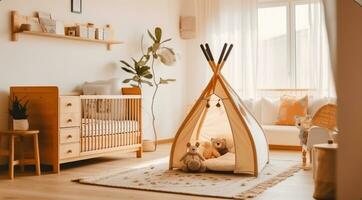 chalet bébé chambre intérieur avec confortable berceau lit. lumière marron puéril pièce avec en bois vide lit bébé. magnifique enfant jouet dans grand chalet Contexte. génératif ai photo