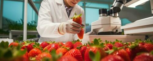 qualité inspection de nourriture vérification le contenu de nitrates et herbicides dans des fraises. génératif ai photo
