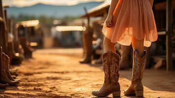 une vache fille à la recherche à sa cow-boy bottes. génératif ai photo