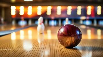 Balle et épingle sur sol dans bowling club. génératif ai photo