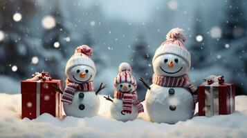 hiver pays des merveilles vœux, Noël bannière avec cadeau des boites et bonhomme de neige. génératif ai photo